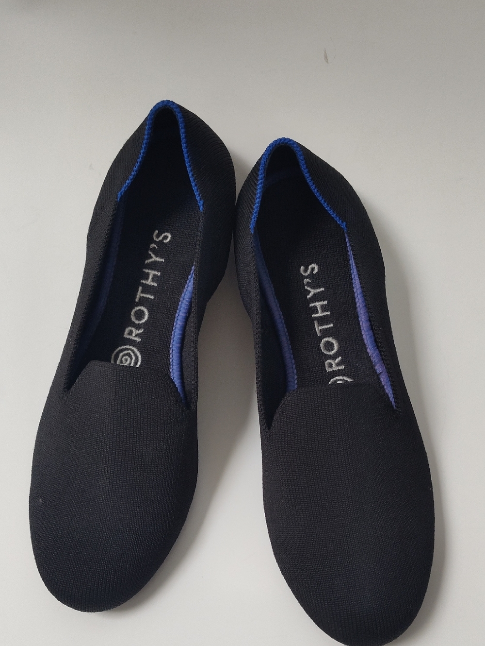 Rothy's Black Knit Slip-On Loafers with Blue Trim